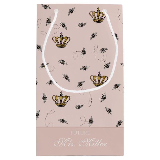 Blush Pink Future Mrs Queen Bee Gold Crown Small Gift Bag (Back)