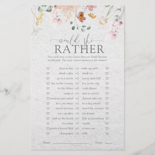 Blush Pink Garden Flowers Bridal Shower Game (Front)