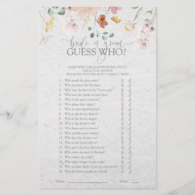 Blush Pink Garden Flowers Bride Or Groom Game (Front)