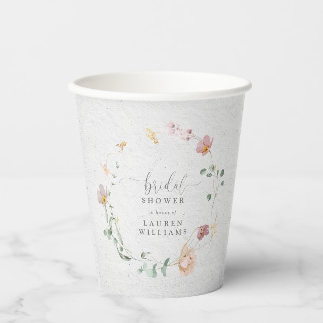 Blush Pink Garden Flowers Wreath Bridal Shower Paper Cups (Front)