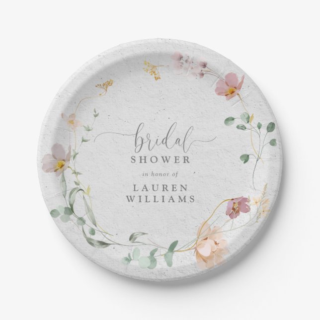 Blush Pink Garden Flowers Wreath Bridal Shower Paper Plate (Front)