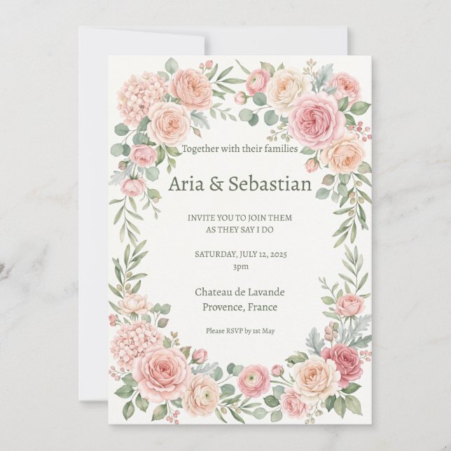 Blush Pink Garden Rose Floral Wedding Invitation (Front)