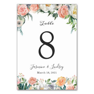 Blush Pink Garden Roses and Peonies Floral Wedding Table Number