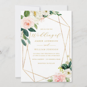 Blush Pink Geo Floral Wreath Wedding Invitation