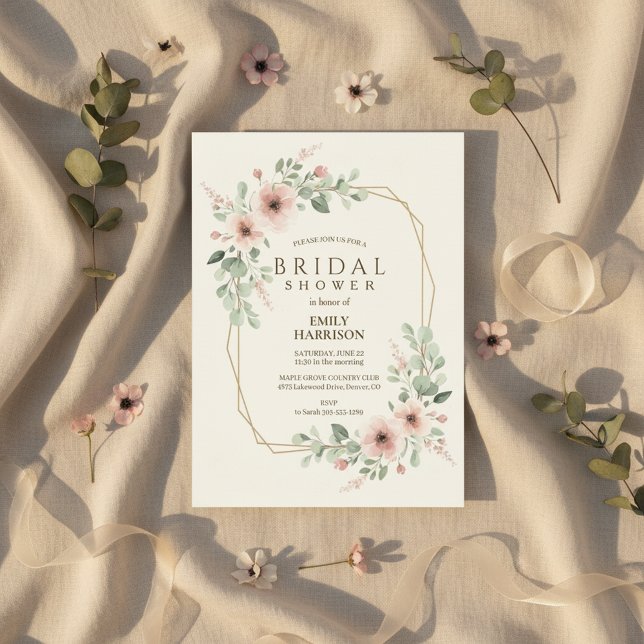 Blush Pink Geometric Bridal Shower Gold Hexagon Invitation (geometric bridal shower gold)