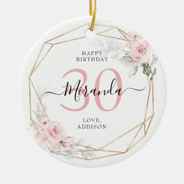 Blush Pink Geometric Floral 30 Anniversary Ceramic Ornament (Front)