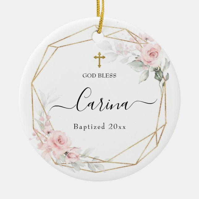 Blush Pink Geometric Floral Baptized Ceramic Ornament (Front)