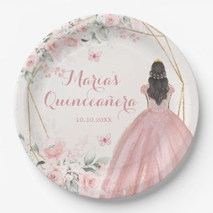 Blush Pink Geometric Floral Princess 15 Años Paper Plate