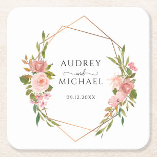 Blush Pink Geometric Floral Wedding Square Paper Coaster