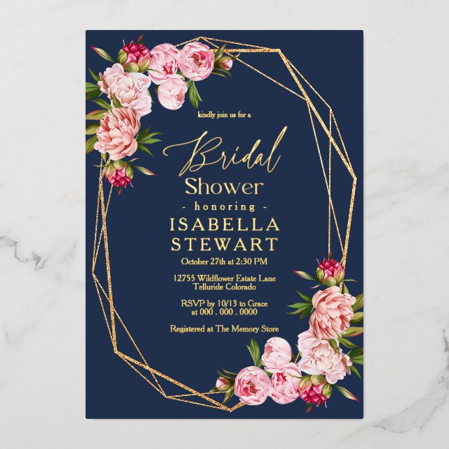 Blush Pink Geometric Navy Blue Bridal Shower (Front)