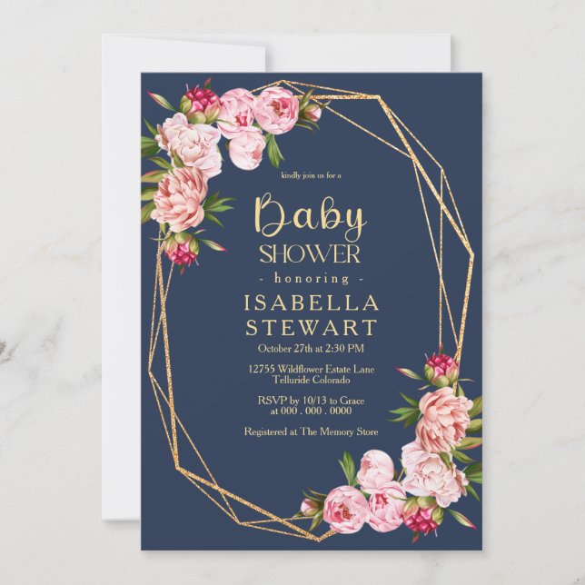 Blush Pink Geometric Royal Blue Navy Baby Shower Invitation (Front)