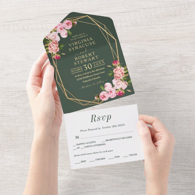 Blush Pink Geometric Royal Green Wedding All In One Invitation (Tearaway)
