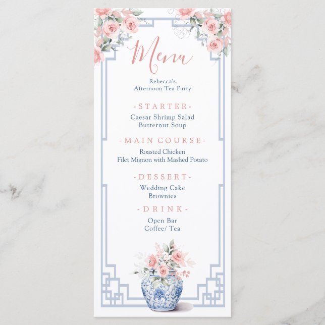 Blush Pink Ginger Jar Chinoiserie Baby Shower Menu (Front)