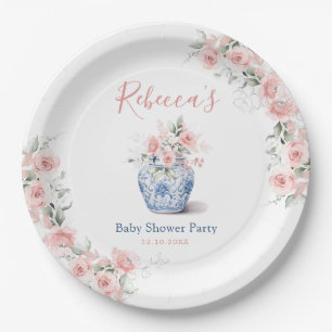 Blush Pink Ginger Jar Chinoiserie Baby Shower Paper Plate