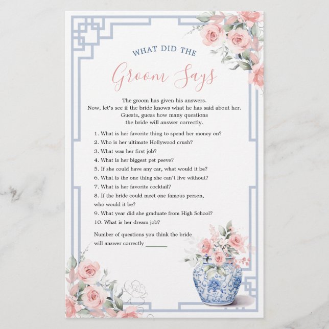 Blush Pink Ginger Jar Chinoiserie What Groom Says (Front)
