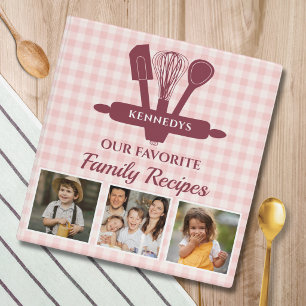 Blush Pink Gingham 3 Photo Family Recipe Cookbook Binder
