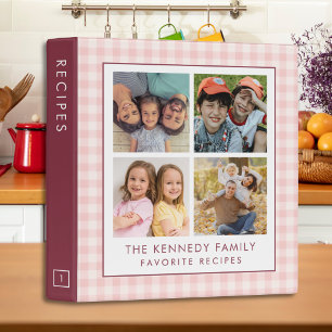Blush Pink Gingham 4 Photo Family Recipe Cookbook Binder