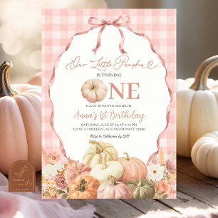 Blush Pink Gingham Coquette Pumpkin 1st Birthday Invitation