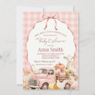 Blush Pink Gingham Farm Animal Baby Shower Invitation