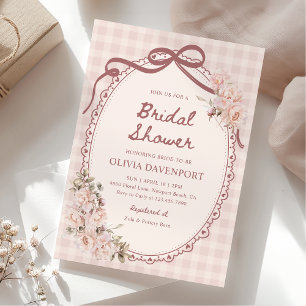 Blush Pink Gingham Floral Coquette Bridal Shower Invitation