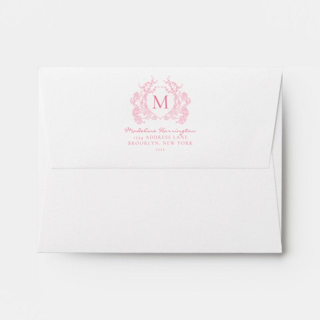 Blush Pink Gingham Floral Crest Monogram Address Envelope (Back (Top Flap))