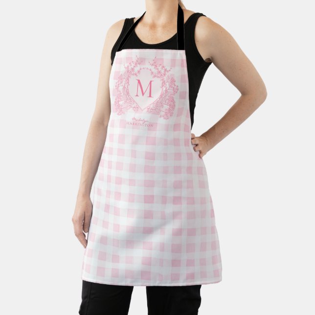Blush Pink Gingham Floral Crest Monogram Apron (Insitu)