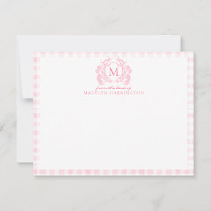 Blush Pink Gingham Floral Crest Monogram Card