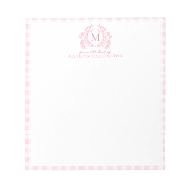 Blush Pink Gingham Floral Crest Monogram Notepad (Front)