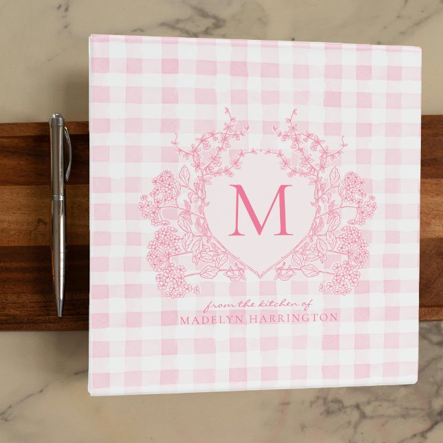 Blush Pink Gingham Floral Crest Monogram Recipe Binder (Creator Uploaded)
