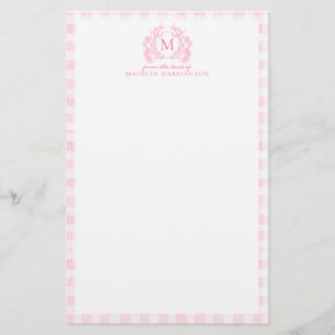 Blush Pink Gingham Floral Crest Monogram Stationery