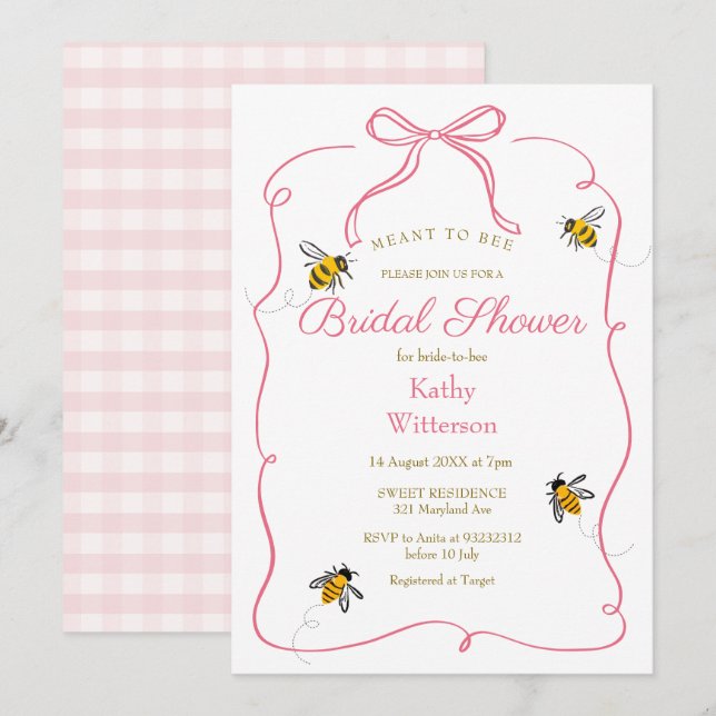 Blush Pink Gingham Meant To Bee Bridal Shower  Invitation (Front/Back)