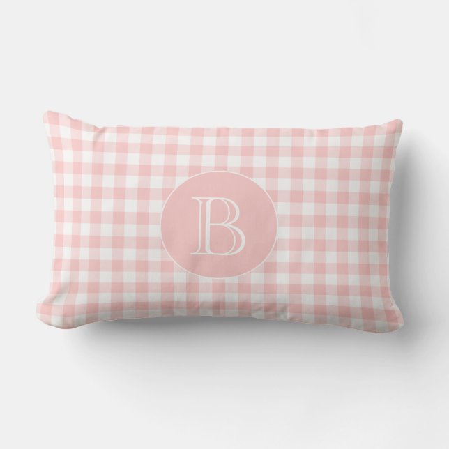 Blush Pink Gingham Pattern Custom Monogram Lumbar Pillow (Front)