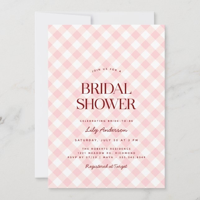Blush Pink Gingham | Spring Picnic Bridal Shower Invitation (Front)
