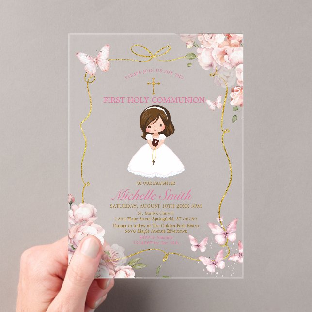 Blush Pink Girl Holding Bible First Holy Communion Acrylic Invitations (Insitu (Handheld))