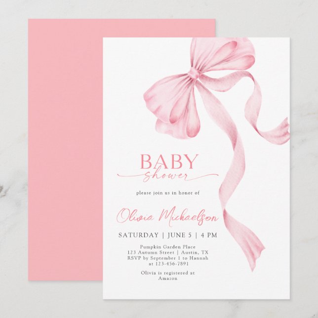 Blush Pink Girl Ribbon Bow Coquette Baby Shower Invitation (Front/Back)