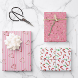 blush pink girly cute candy cane heart pattern wrapping paper sheet