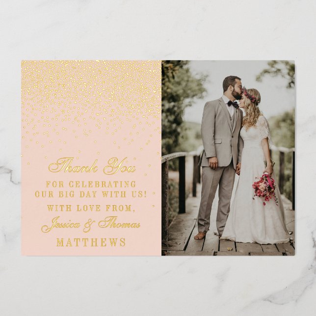 Blush Pink & Glam Confetti Wedding Photo Thank You (Front)