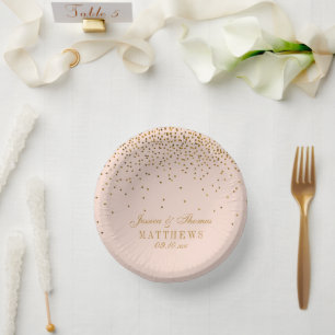 Blush Pink & Glam Gold Confetti Wedding Paper Plate