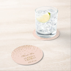 Blush Pink & Glam Gold Confetti Wedding Round Paper Coaster