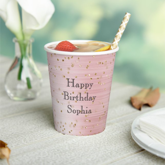 Blush Pink Glam Gold Sparkle Confetti Birthday Paper Cups (Insitu)