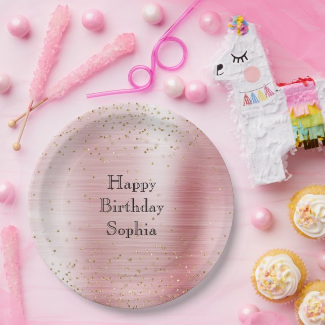 Blush Pink Glam Gold Sparkle Confetti Birthday Paper Plate (Party)