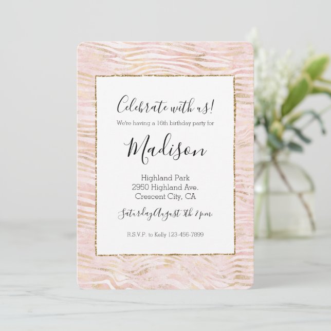 Blush Pink Glam Gold White Zebra Print   Invitation (Standing Front)