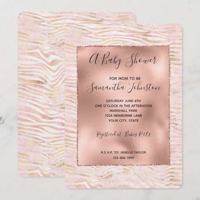 Blush Pink Glam Gold Zebra Print Baby Shower Invitation (Front/Back)