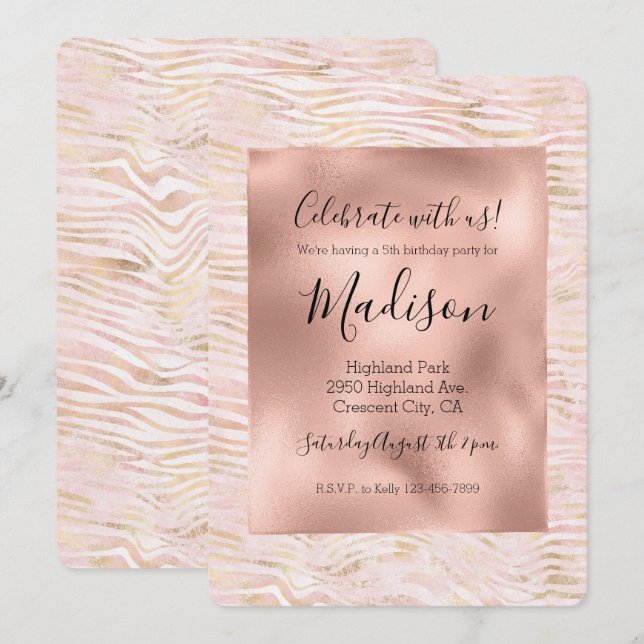 Blush Pink Glam Gold Zebra Print Invitation (Front/Back)