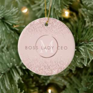Blush Pink Glitter Boss Lady CEO Monogram Ceramic Ornament