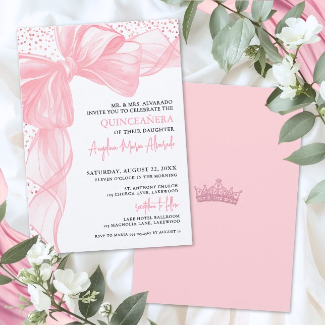 Blush Pink Glitter Bow Quinceanera Invitation (Blush Pink Quinceanera Invitation)