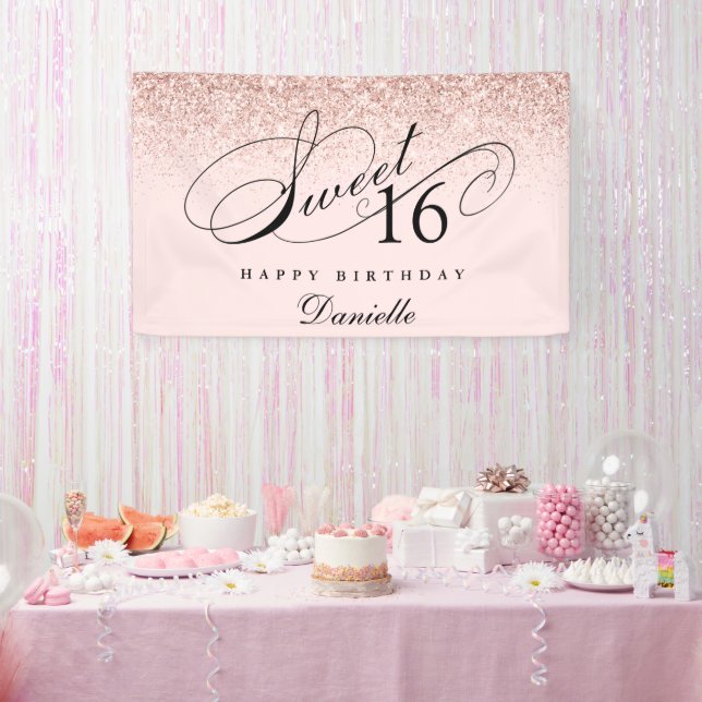 Blush Pink Glitter Confetti Sweet 16 Birthday  Banner (Party)