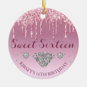 Blush Pink Glitter Drip Diamond Sweet Sixteen Ceramic Ornament