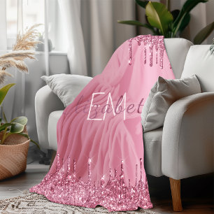 Blush Pink Glitter Dripping Monogram Personalized Fleece Blanket