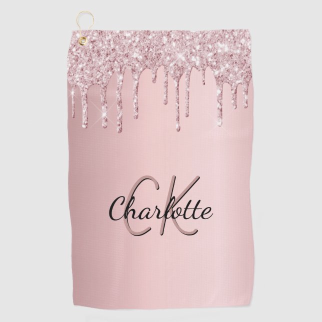 Blush pink glitter drips custom monogram name golf towel (Front)